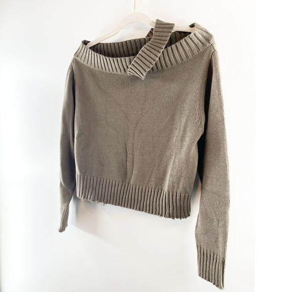 RTA Beckett One Shoulder Asymmetrical Raw Edge Sweater Uno Platoon Green XS - Picture 7 of 7